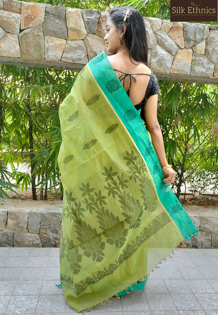 Lime green pure handloom cotton saree