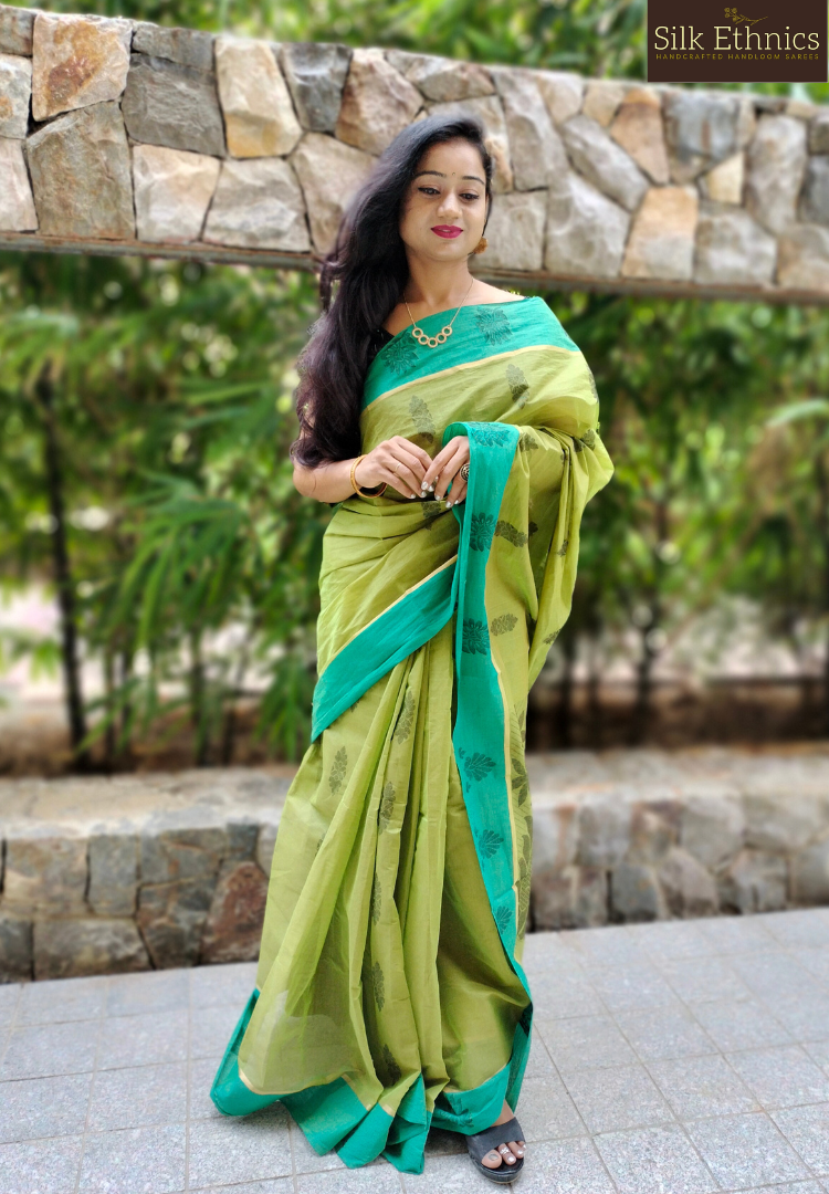 Lime green pure handloom cotton saree