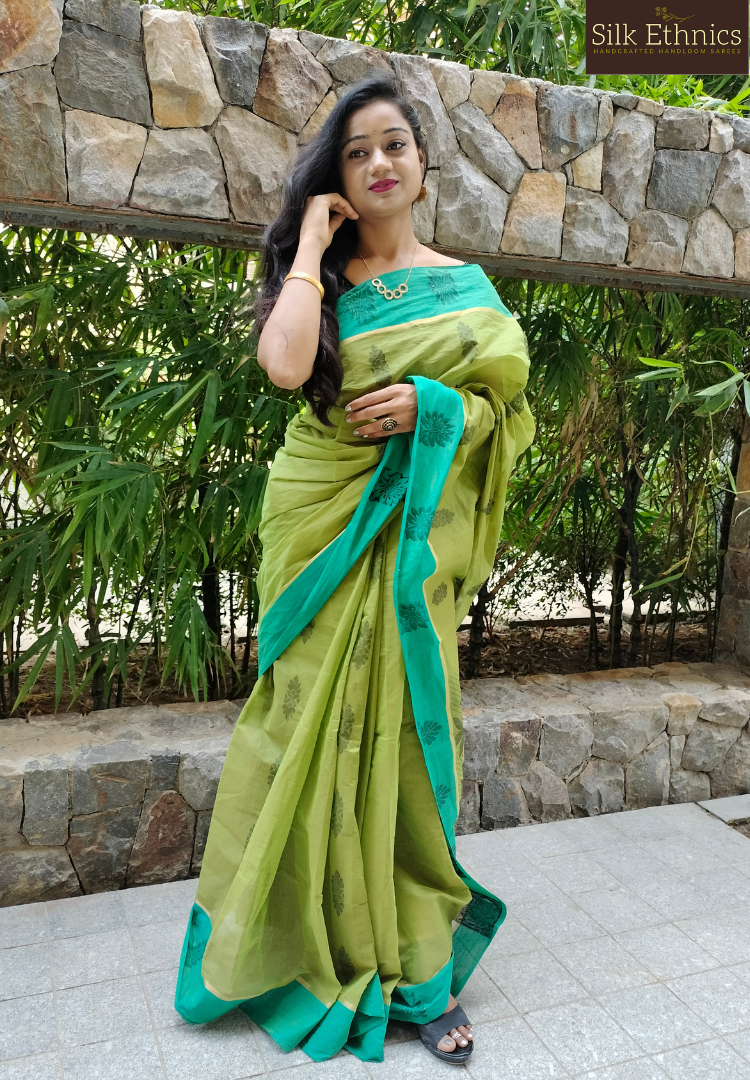 Lime green pure handloom cotton saree