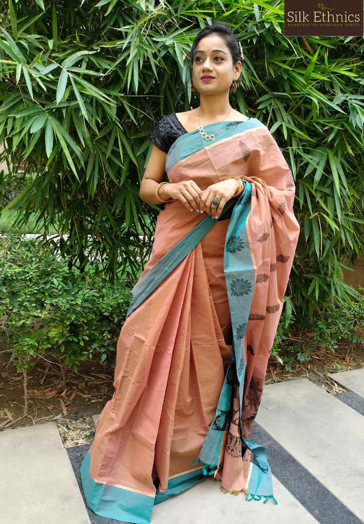 Cinnamon brown handloom cotton saree