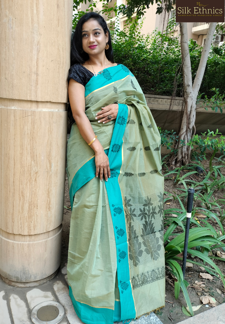 Mint green pure handloom cotton saree