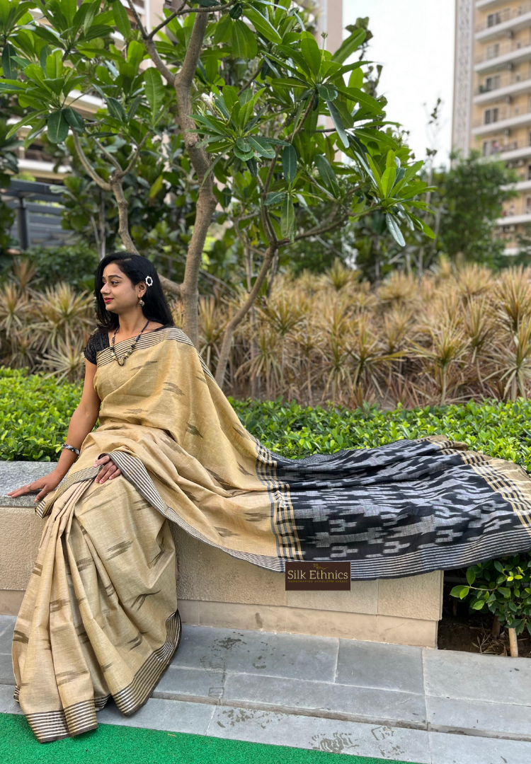 Gold and black linen ikkat weaving saree