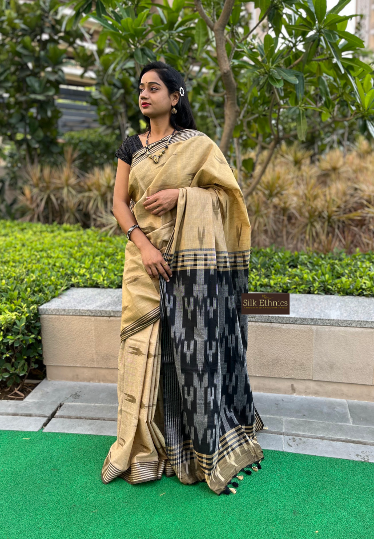 Gold and black linen ikkat weaving saree