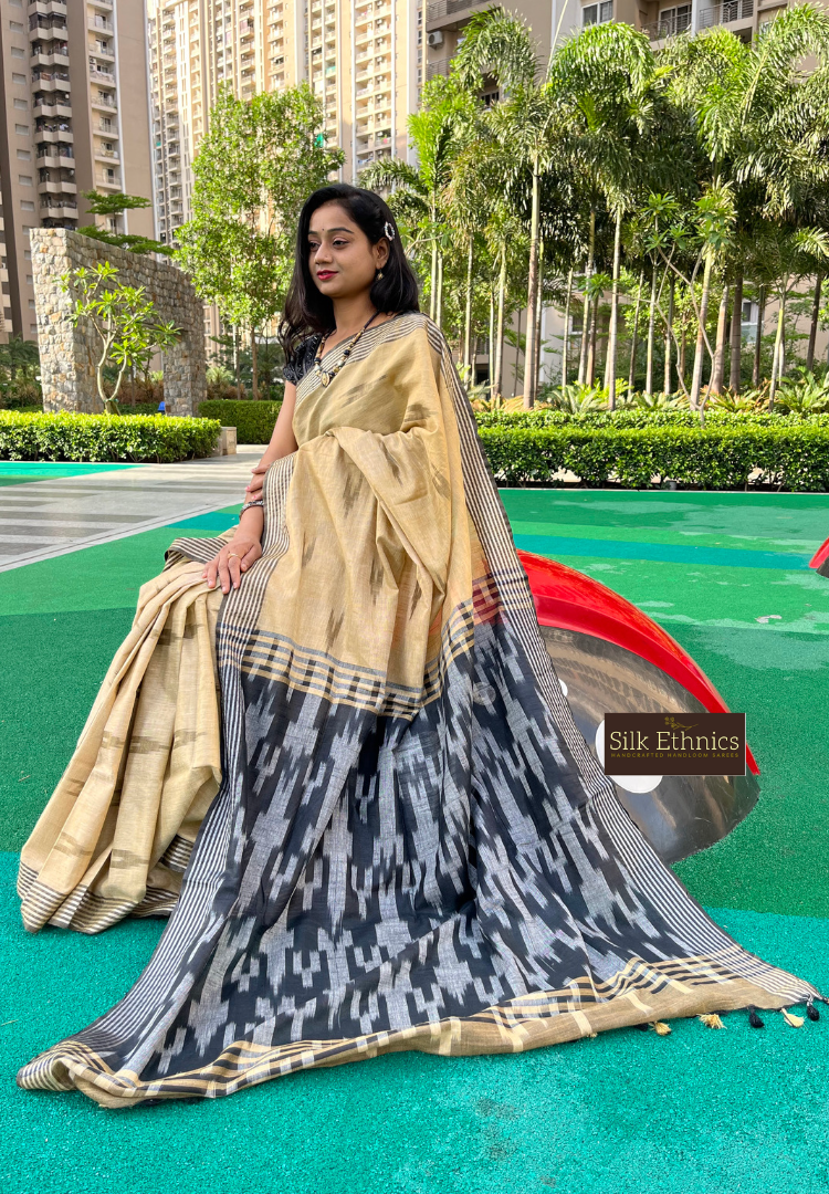 Gold and black linen ikkat weaving saree