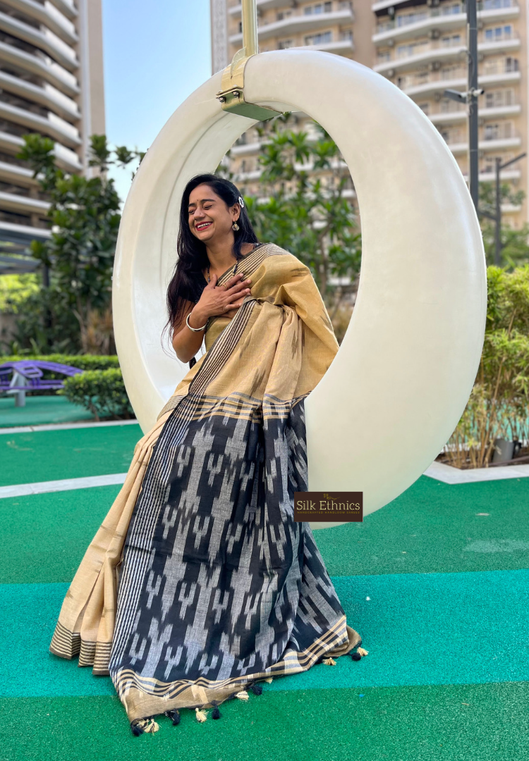 Gold and black linen ikkat weaving saree