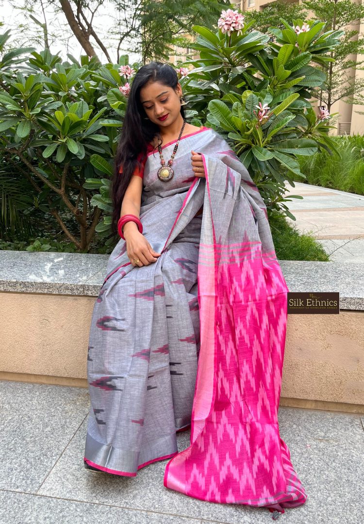 Silver grey and pink linen ikkat weaving saree