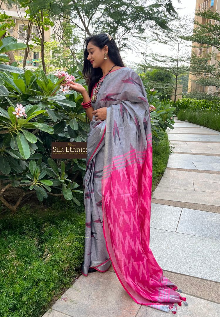 Silver grey and pink linen ikkat weaving saree