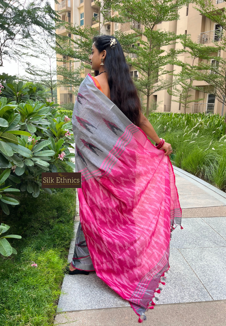 Silver grey and pink linen ikkat weaving saree