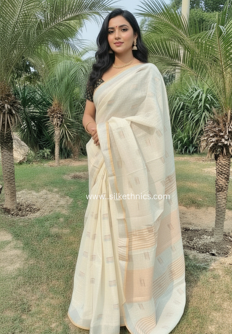 Off-white handloom linen saree