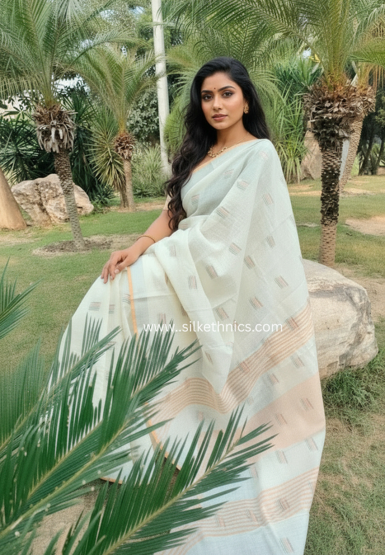 Off-white handloom linen saree