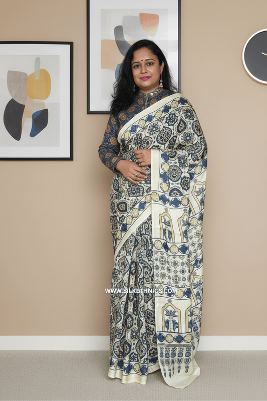 Ivory and Blue Ajrakh handblock printed modal saree