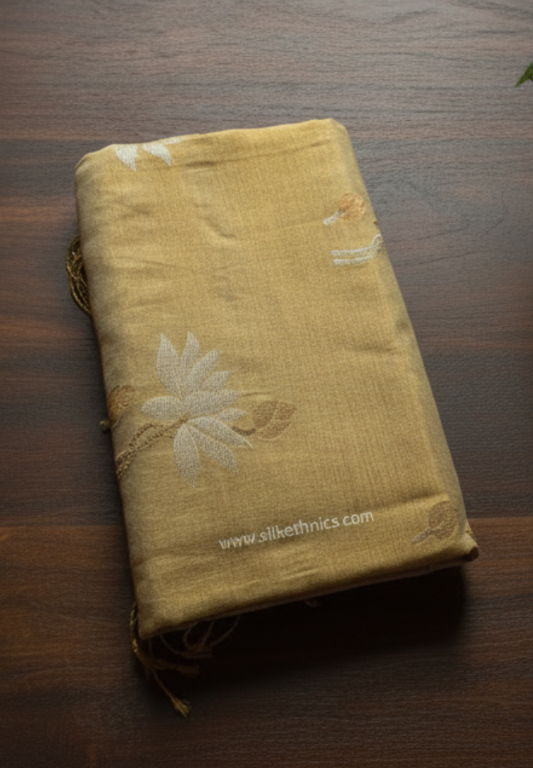Ivory Gold Lotus Tissue Linen handloom Saree
