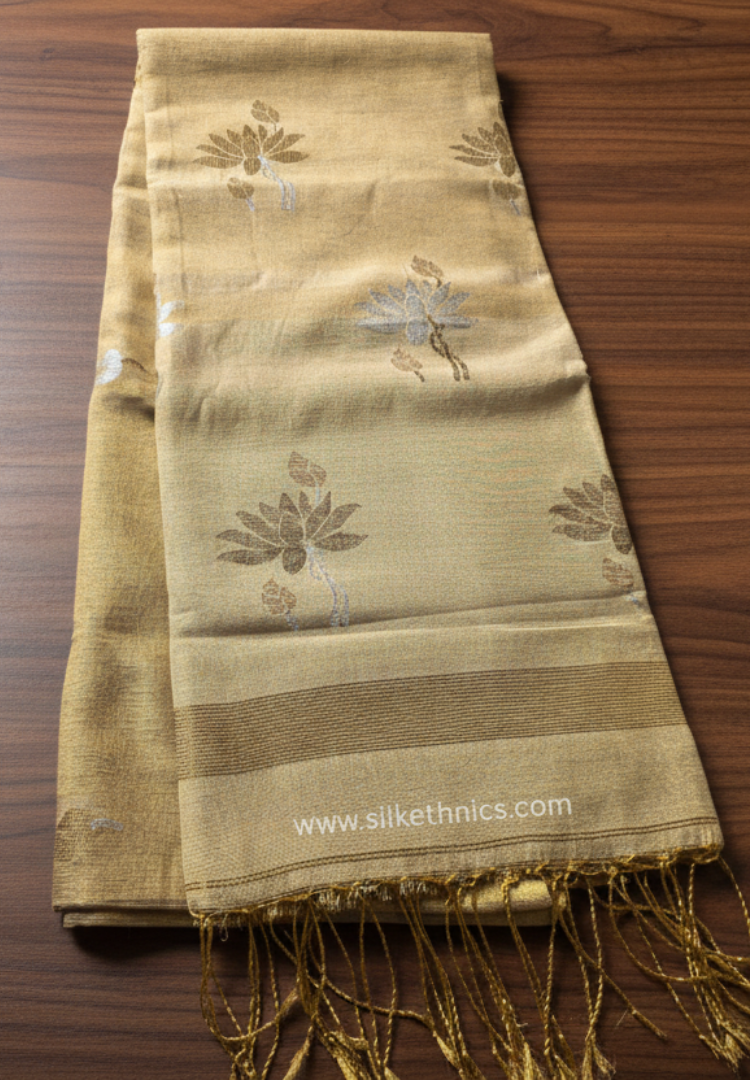 Ivory Gold Lotus Tissue Linen handloom Saree