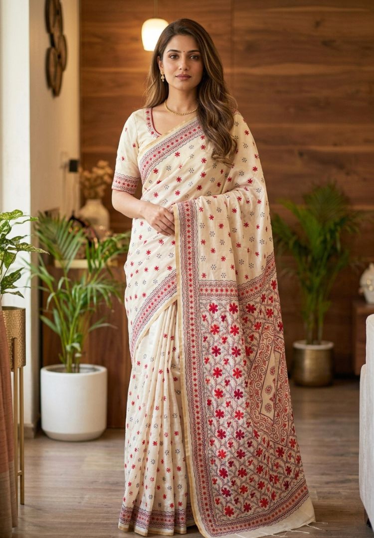 Woman wearing the Ivory and Red Gulbahar hand embroidered Chanderi saree - Silk Ethnics
