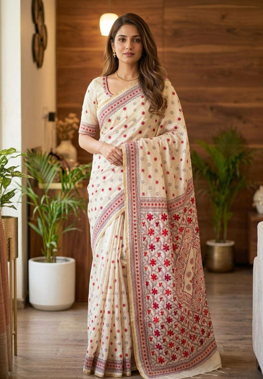 Woman wearing the Ivory and Red Gulbahar hand embroidered Chanderi saree - Silk Ethnics