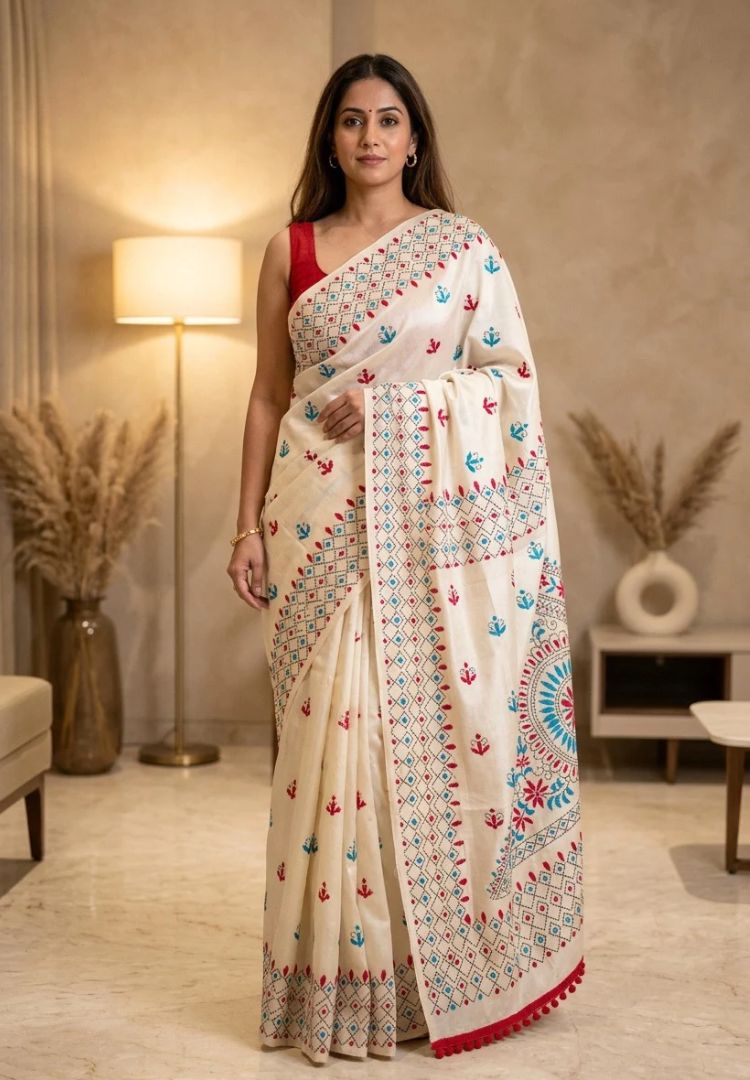 Woman wearing the Ivory Red and Teal Gulbahar hand embroidered kantha phulkari Chanderi saree - Silk Ethnics