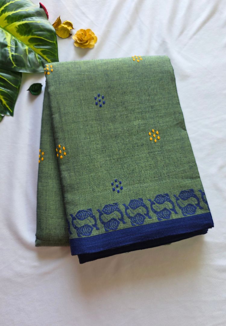 Folded jade green Dhaniakhali handloom cotton saree with royal blue Ikkat border