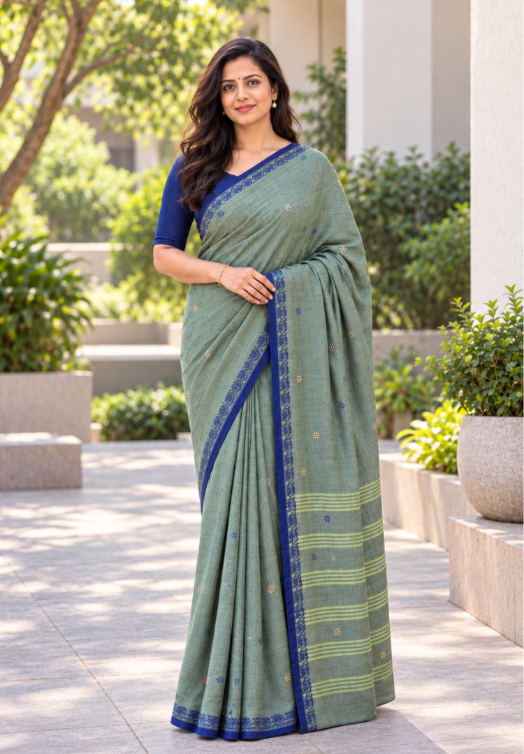 Woman wearing a jade green Ikkat Dhaniakhali handloom cotton saree with royal blue border - Silk Ethnics
