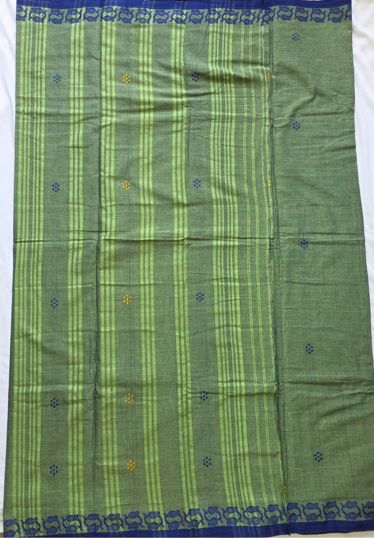 Striped green pallu of a jade green Ikkat Dhaniakhali handloom saree