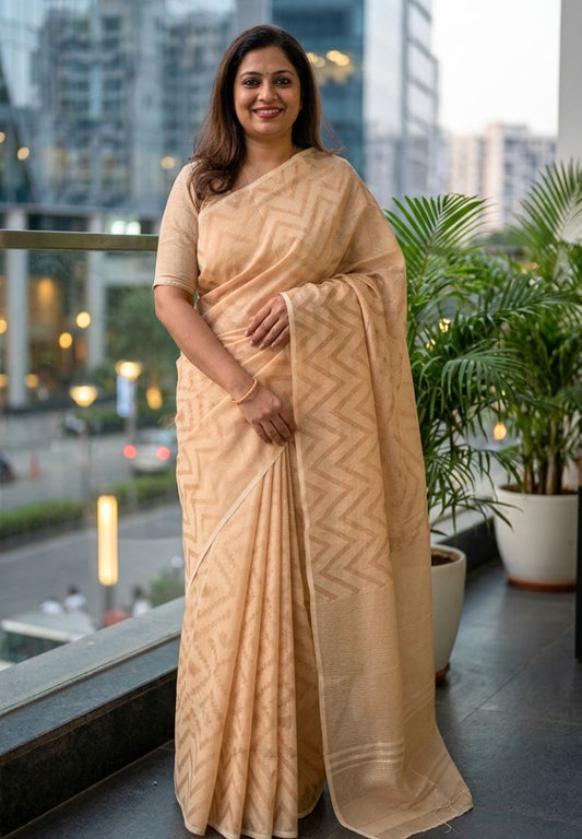 Beige Gold Resham Jamdani Handwoven saree by Silk Ethnics