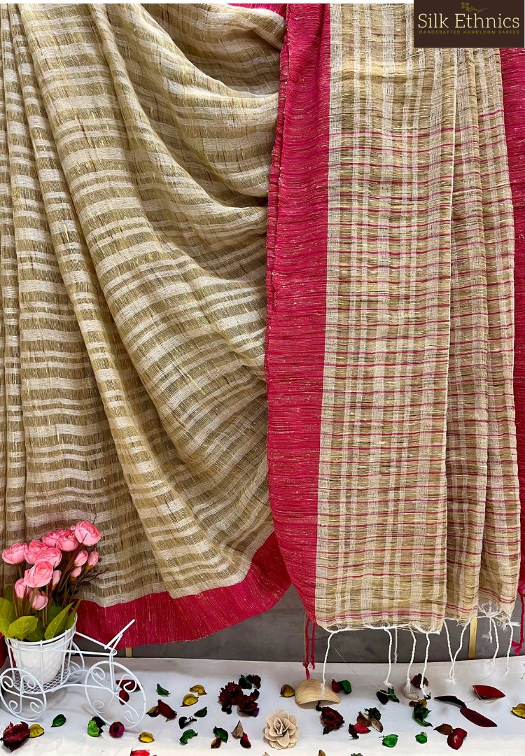 Beige and pink ketiya Gicha Handloom saree