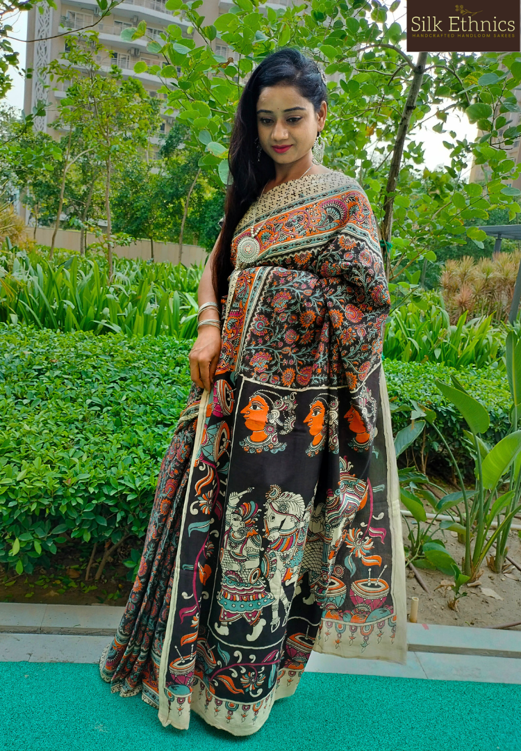 Kalamkari ethnic black cotton saree