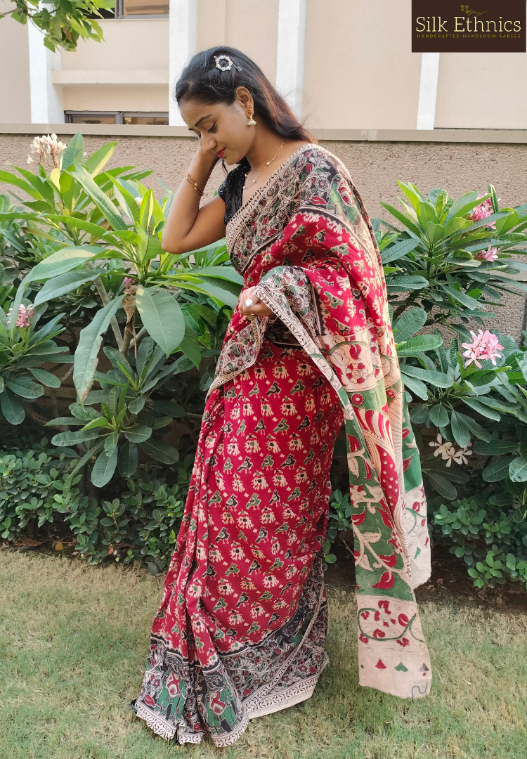 Rich red pure handloom Kalamkari saree