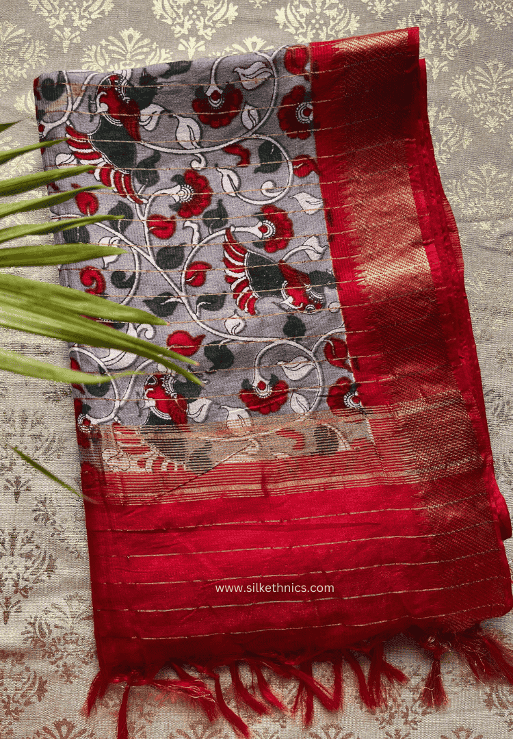 Pearl White & Red Kalamkari silk saree