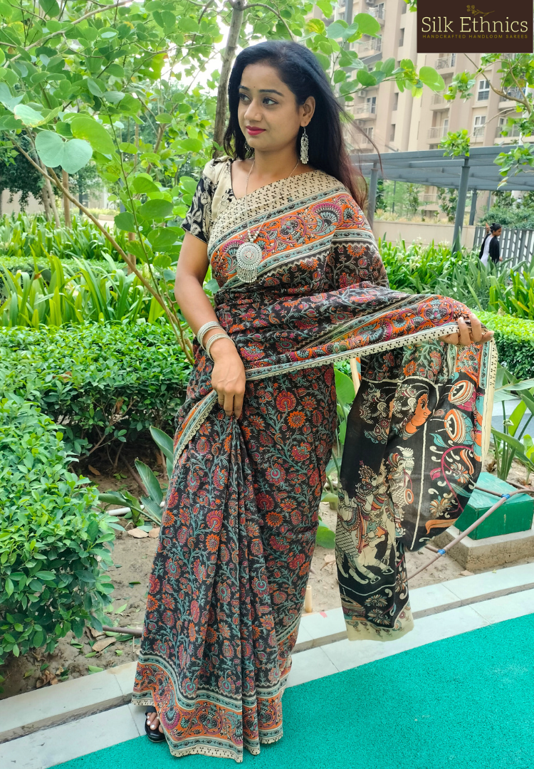 Kalamkari ethnic black cotton saree