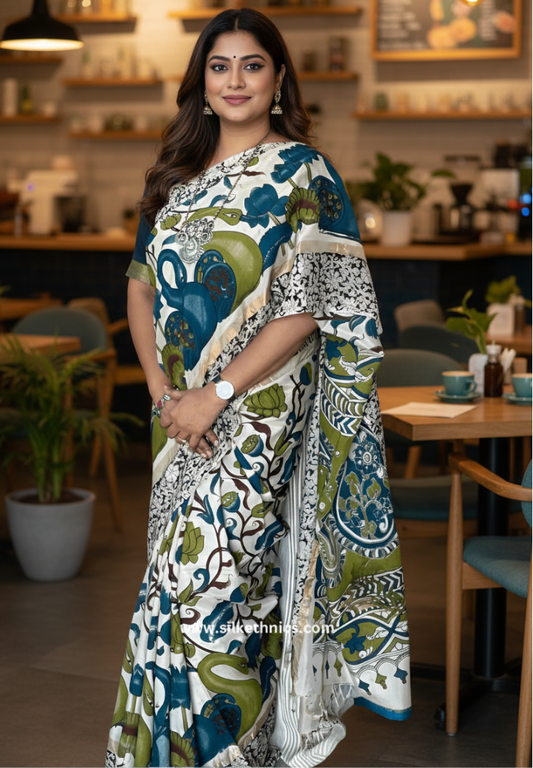 White floral Kalamkari Silk saree