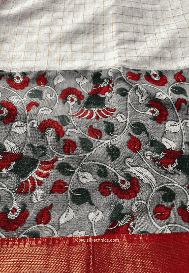 Pearl White & Red Kalamkari silk saree