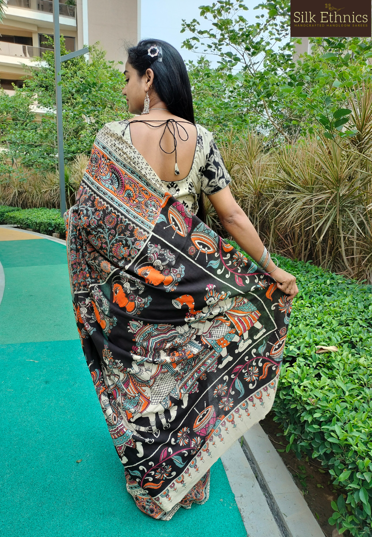 Kalamkari ethnic black cotton saree