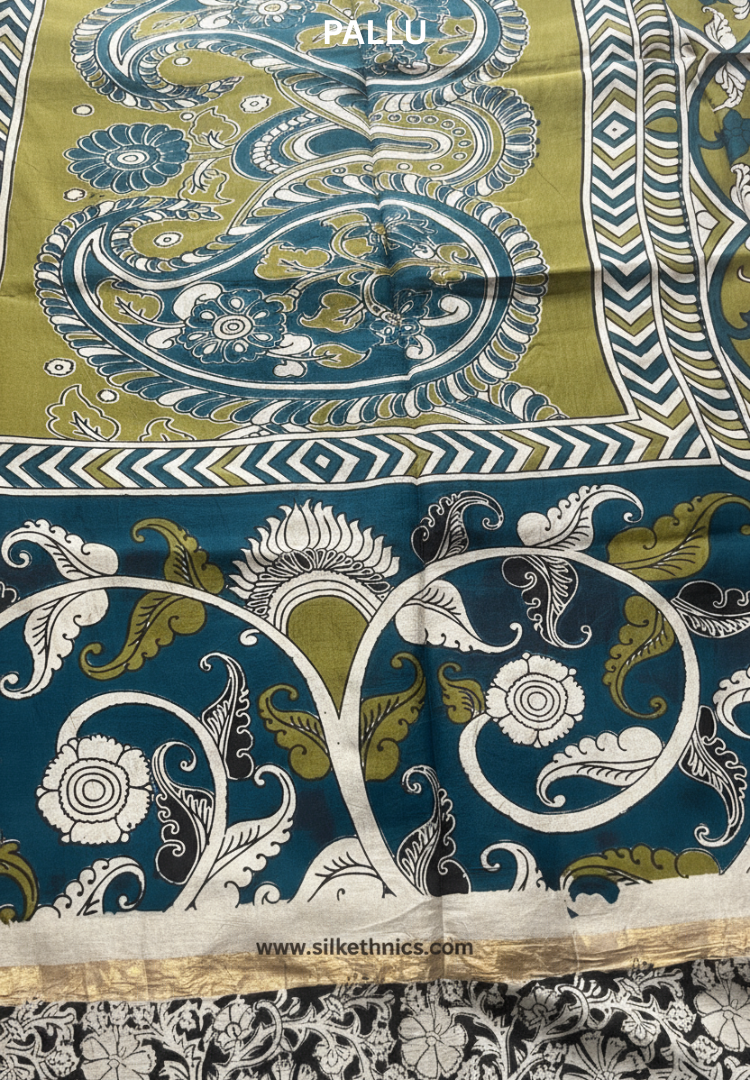 White floral Kalamkari Silk saree