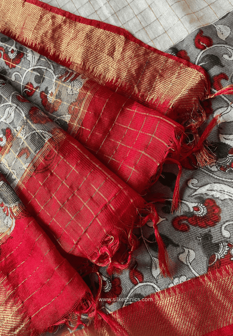 Pearl White & Red Kalamkari silk saree