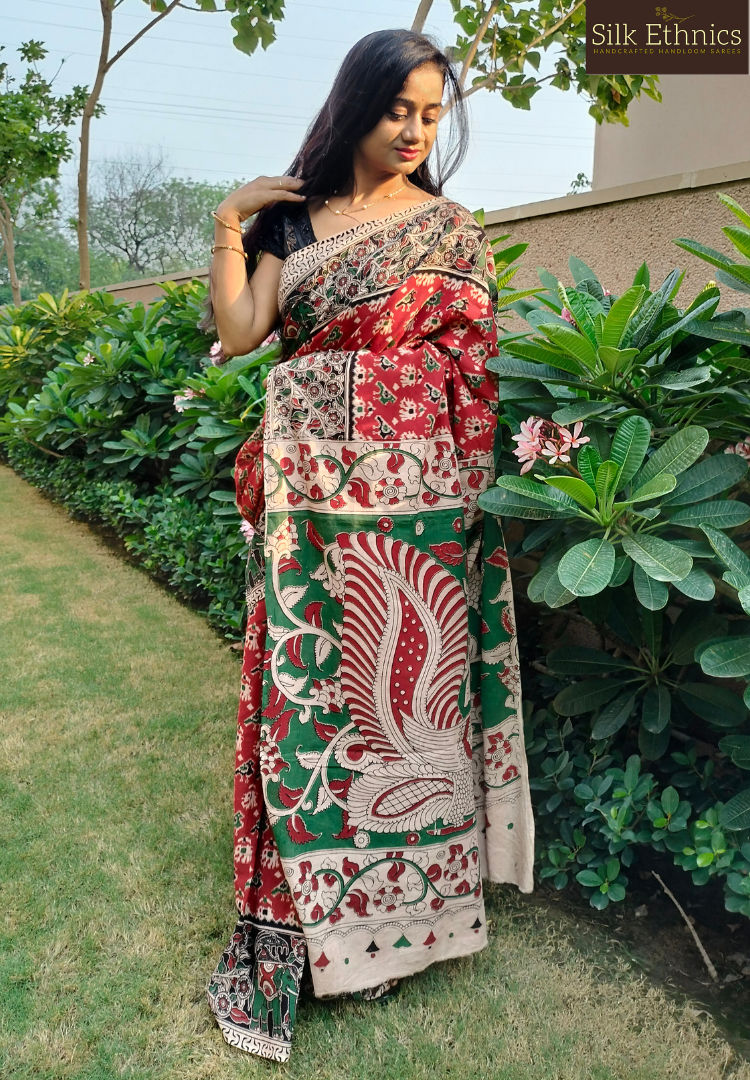 Rich red pure handloom Kalamkari saree