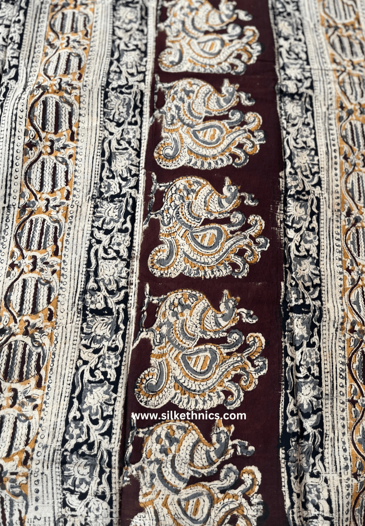 Kalamkari Block Printed Coffee Brown Mul Cotton Saree