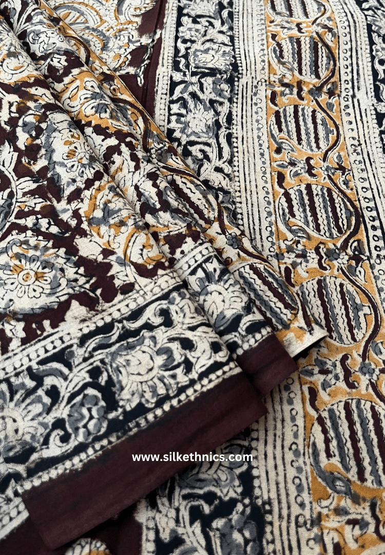Kalamkari Block Printed Coffee Brown Mul Cotton Saree