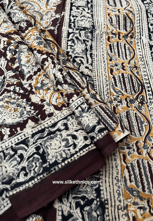 Kalamkari Block Printed Coffee Brown Mul Cotton Saree