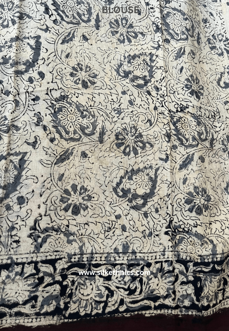 Kalamkari Block Printed Coffee Brown Mul Cotton Saree