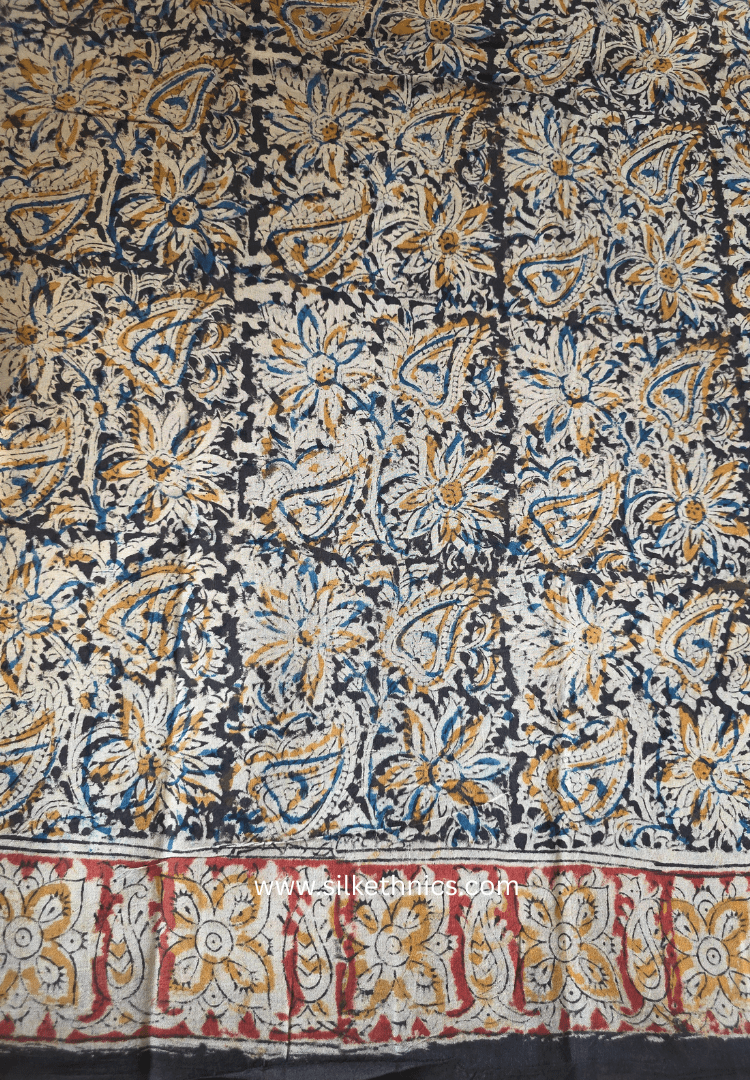 Vintage Black Kalamkari Block Printed Mul Cotton Saree