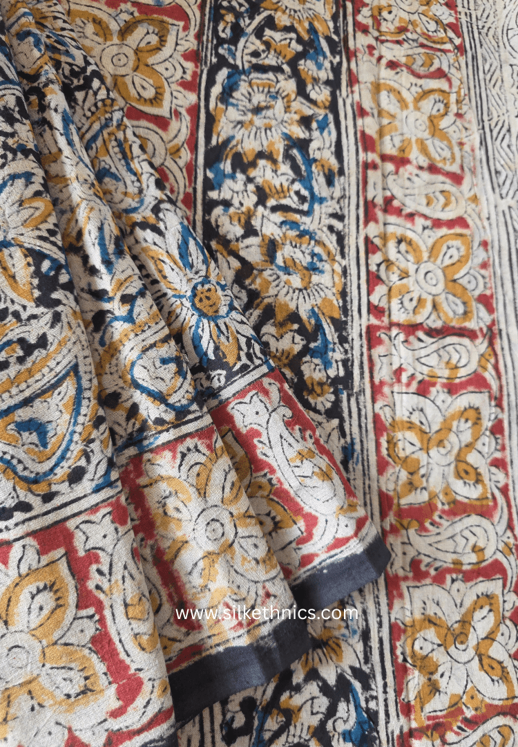 Vintage Black Kalamkari Block Printed Mul Cotton Saree