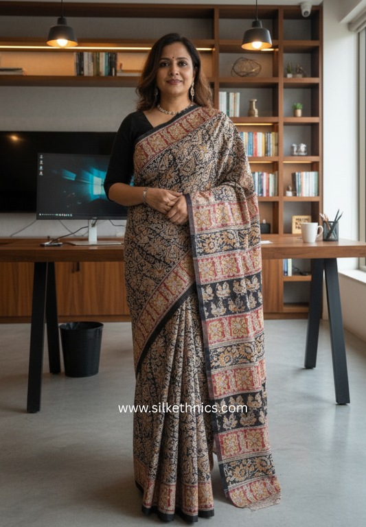 Vintage Black Kalamkari Block Printed Mul Cotton Saree