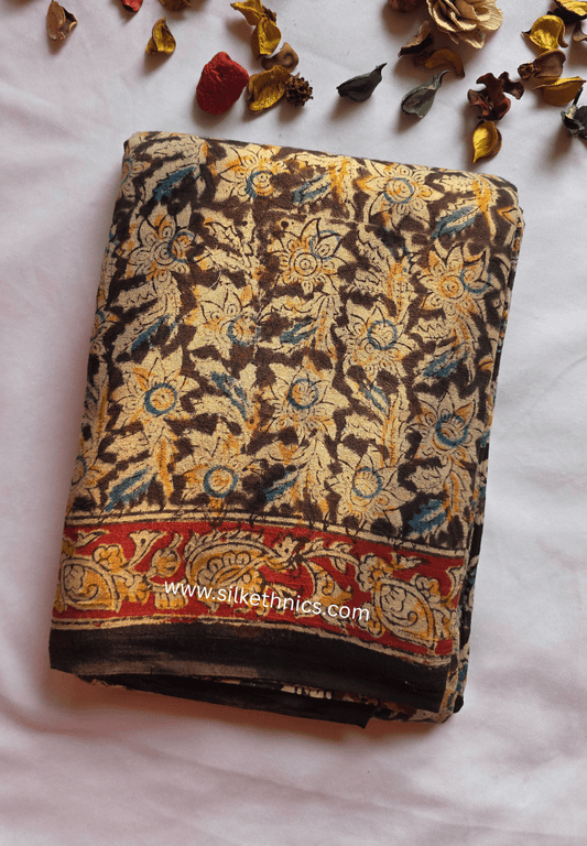 Floral Black Kalamkari Block Printed Mul Cotton Saree