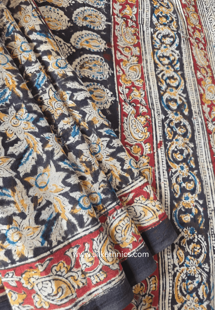 Floral Black Kalamkari Block Printed Mul Cotton Saree