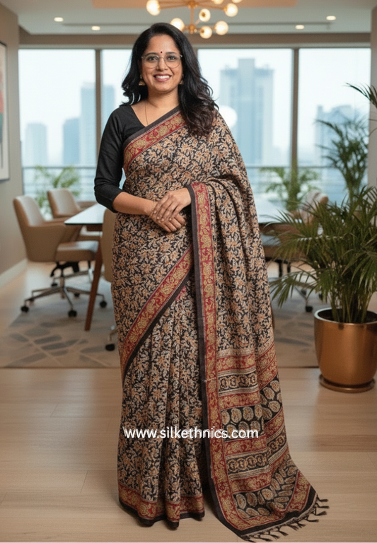 Floral Black Kalamkari Block Printed Mul Cotton Saree