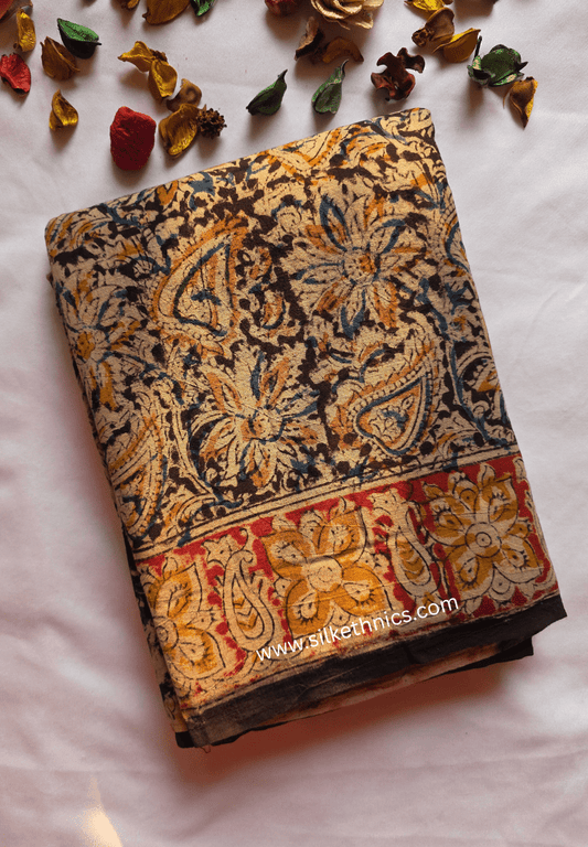 Vintage Black Kalamkari Block Printed Mul Cotton Saree