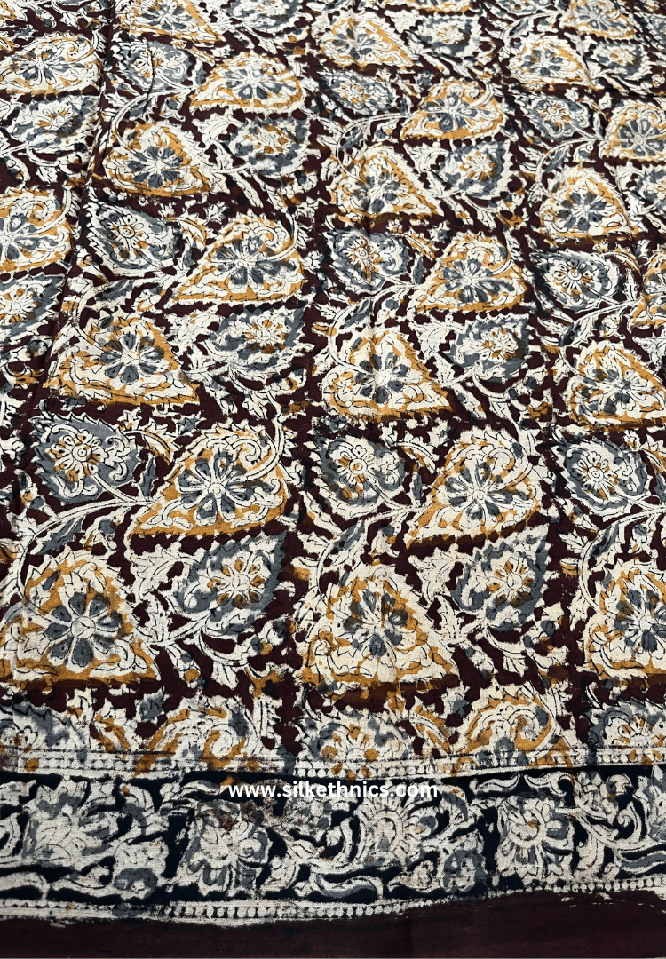 Kalamkari Block Printed Coffee Brown Mul Cotton Saree