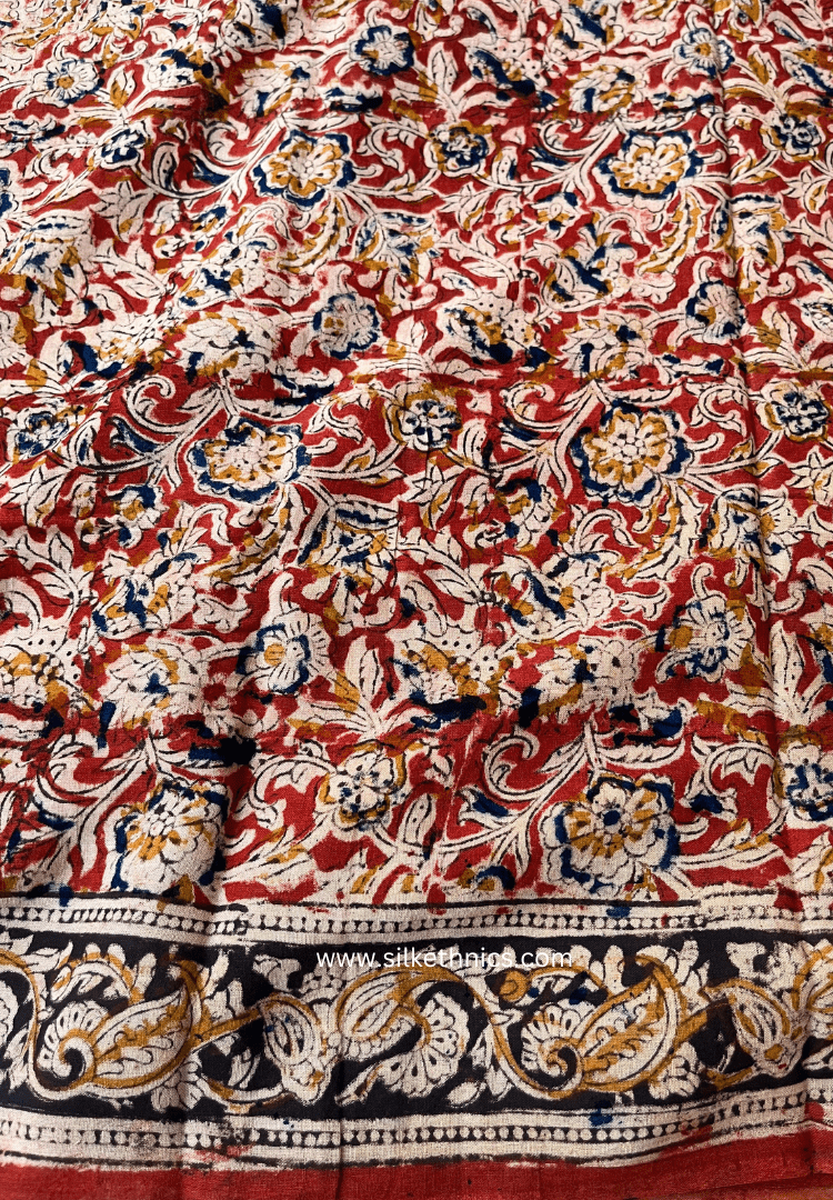 Red Kalamkari Block Printed Mul Cotton Saree