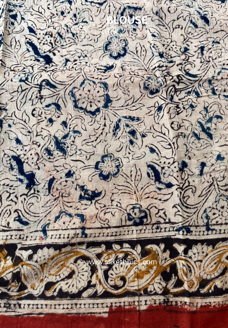 Red Kalamkari Block Printed Mul Cotton Saree