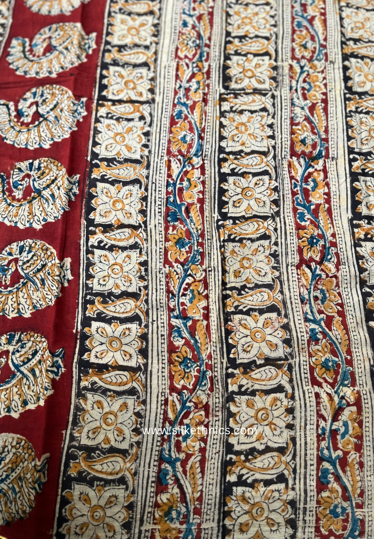 Red Floral Kalamkari Block Printed Mul Cotton Saree